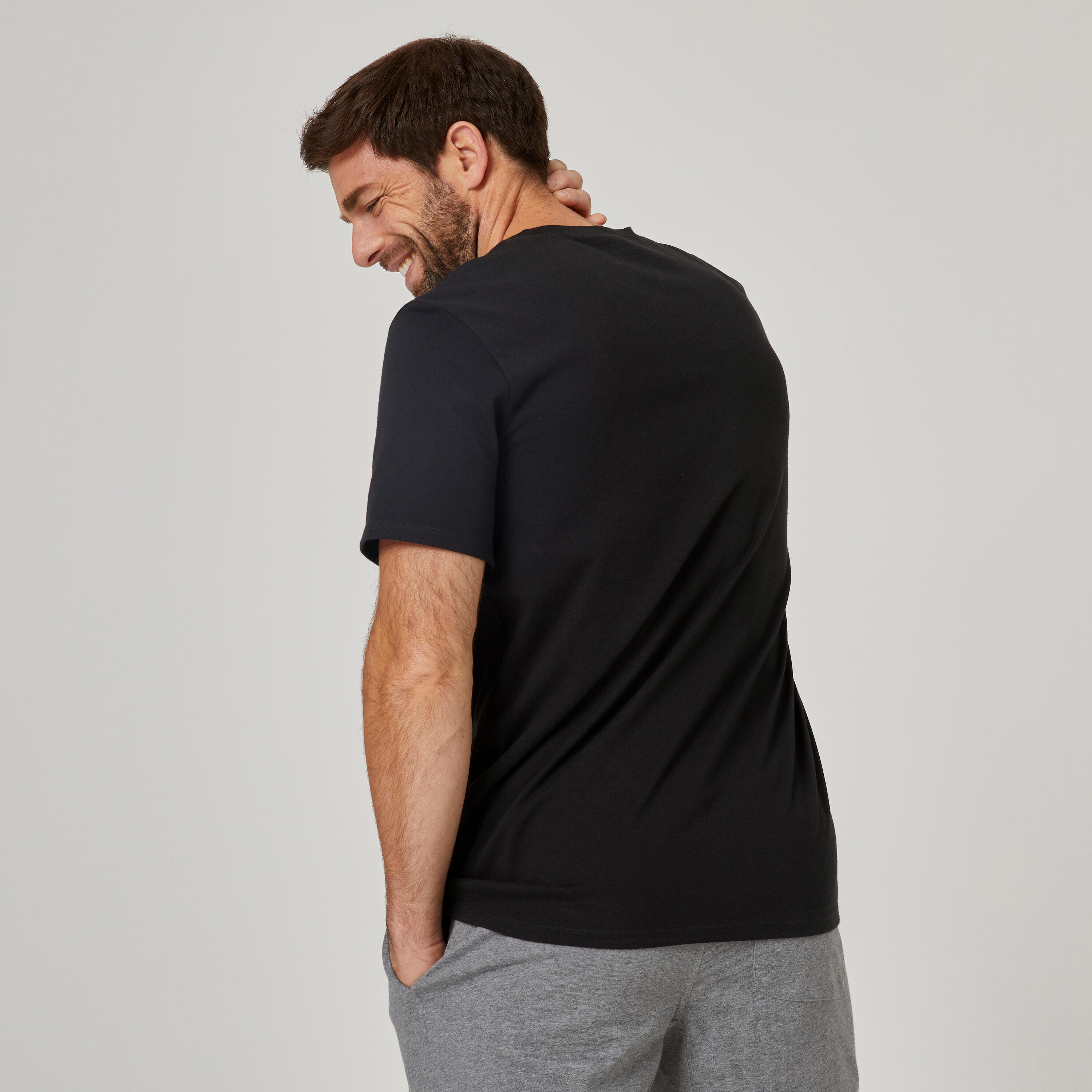 Men's Short-Sleeved Straight-Cut Crew Neck Cotton Fitness T-Shirt 500 - Black and Print 2/6