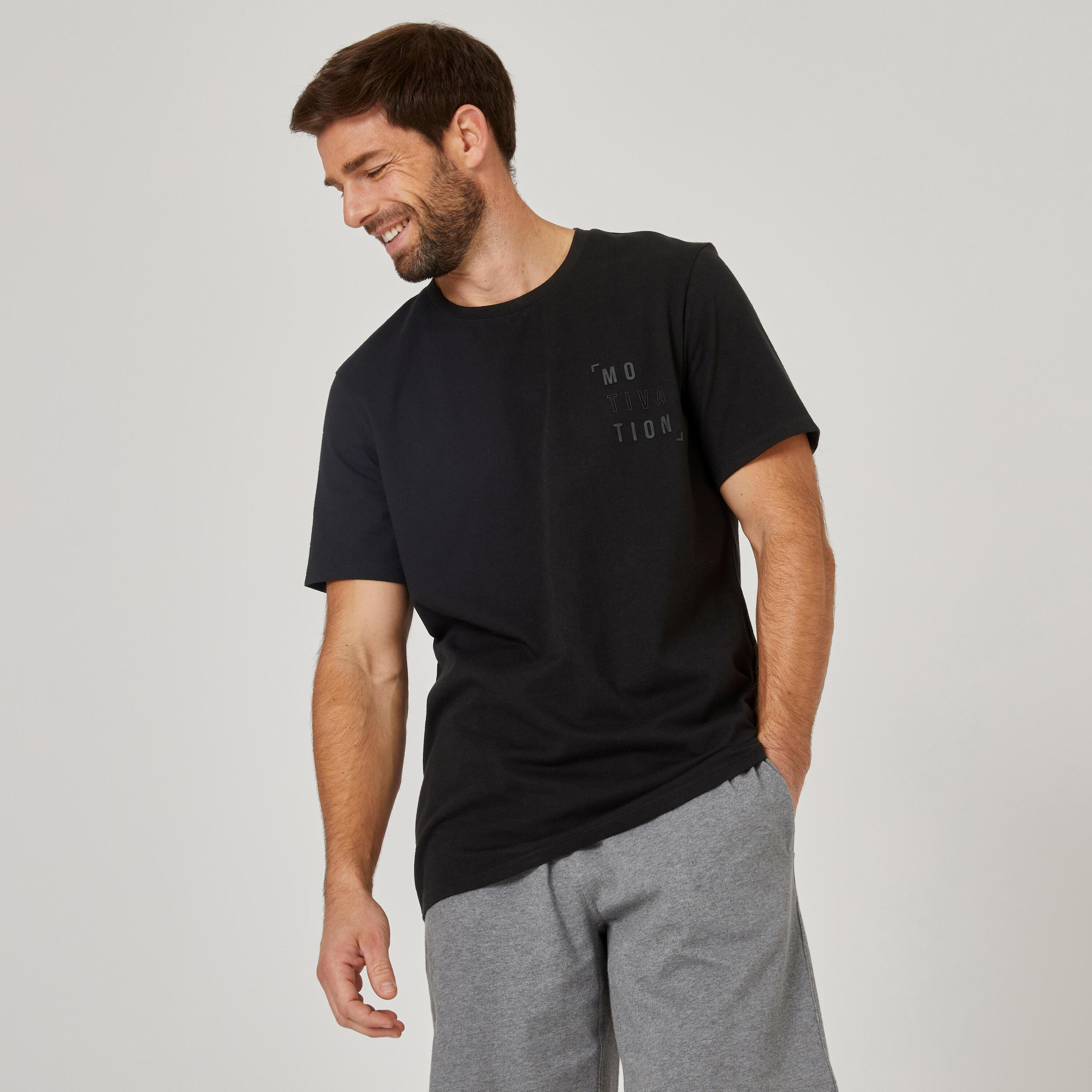 DOMYOS Men's Short-Sleeved Straight-Cut Crew Neck Cotton Fitness T-Shirt 500 - Black and Print