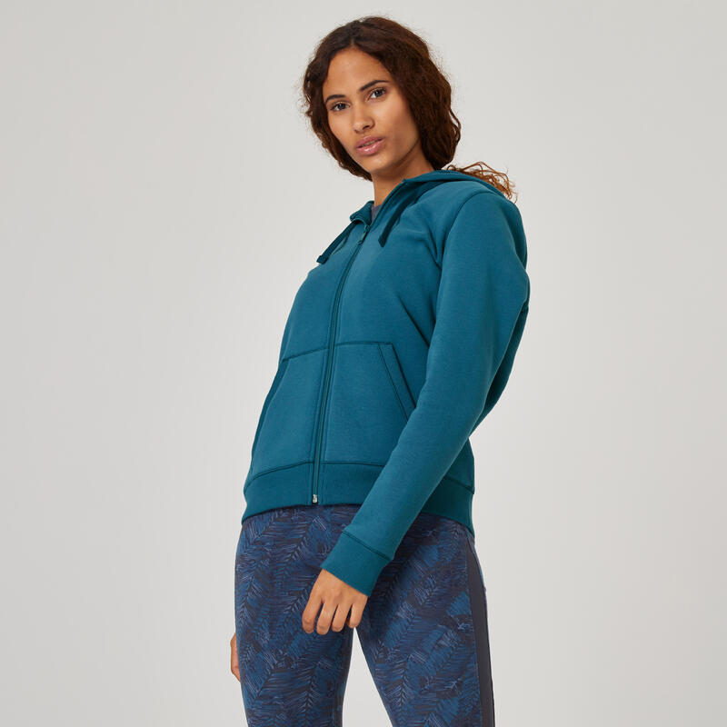 Fitness hoodie met rits voor dames 500 eendenblauw
