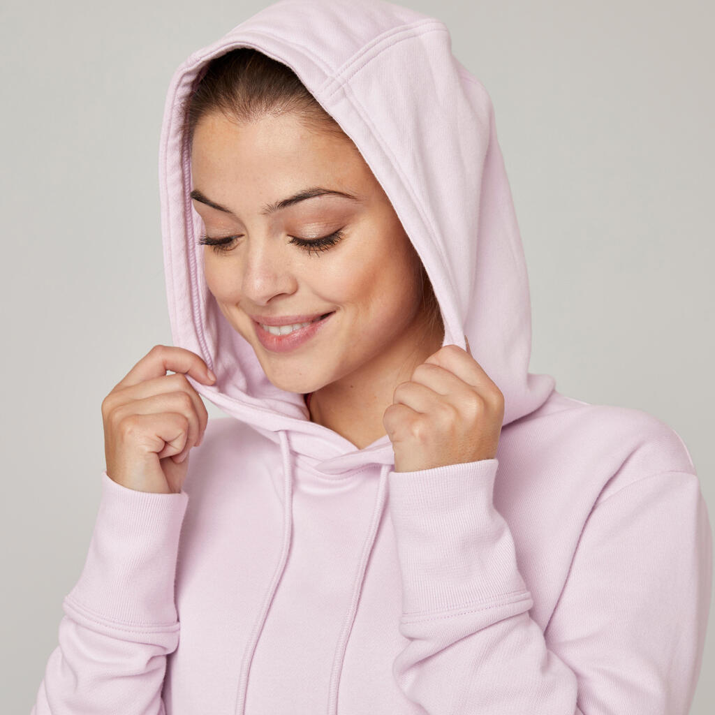 Sweat à capuche long fitness femme, violet lilas pastel