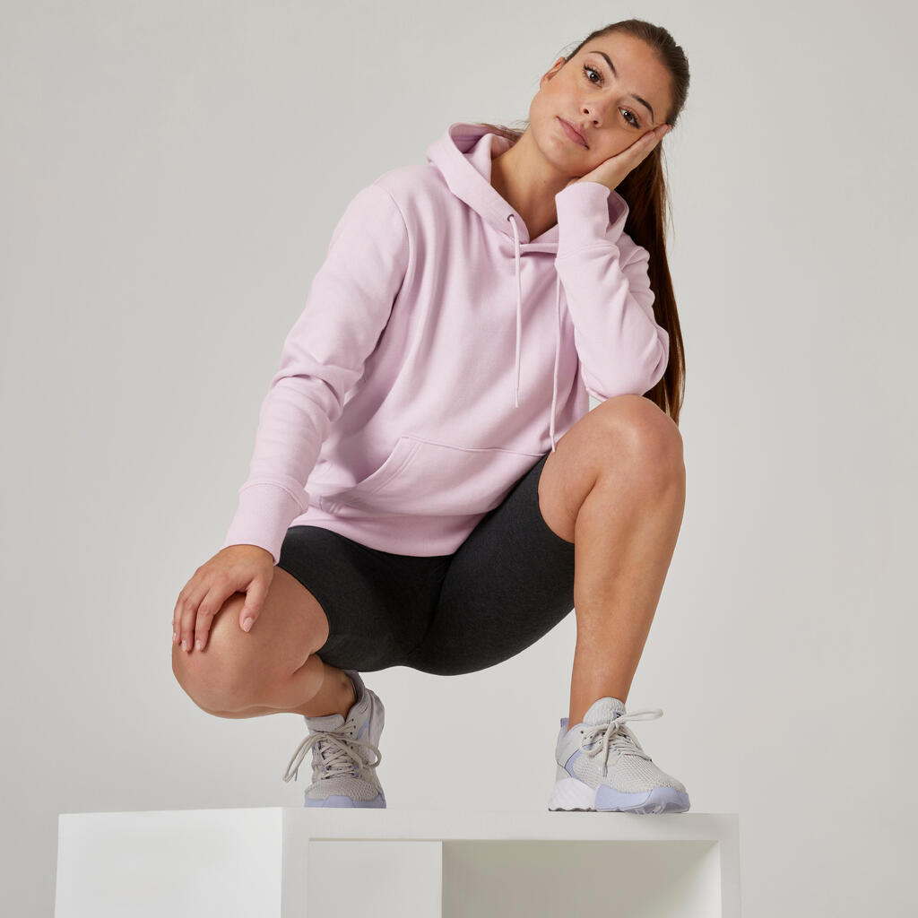 Sweat à capuche long fitness femme, violet lilas pastel