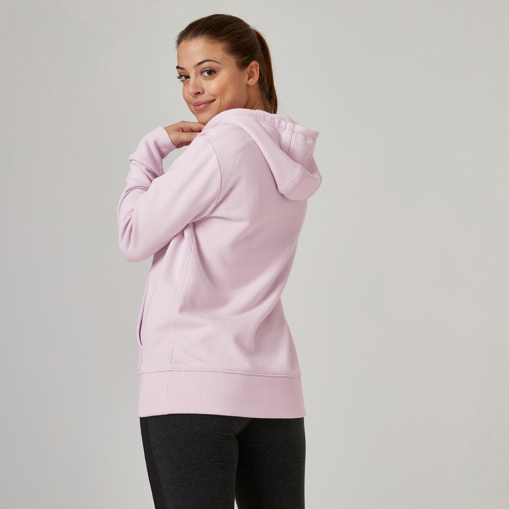 Sweat à capuche long fitness femme, violet lilas pastel