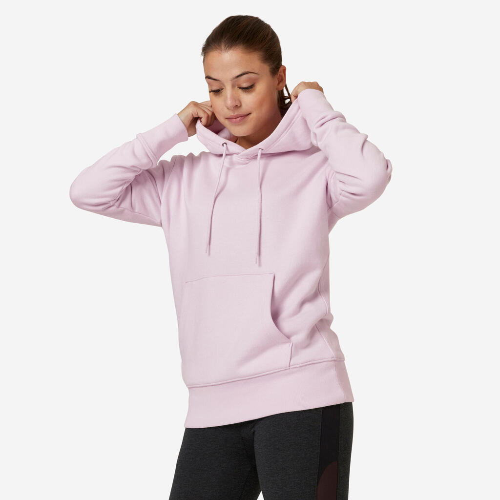 Sweat à capuche long fitness femme, violet lilas pastel