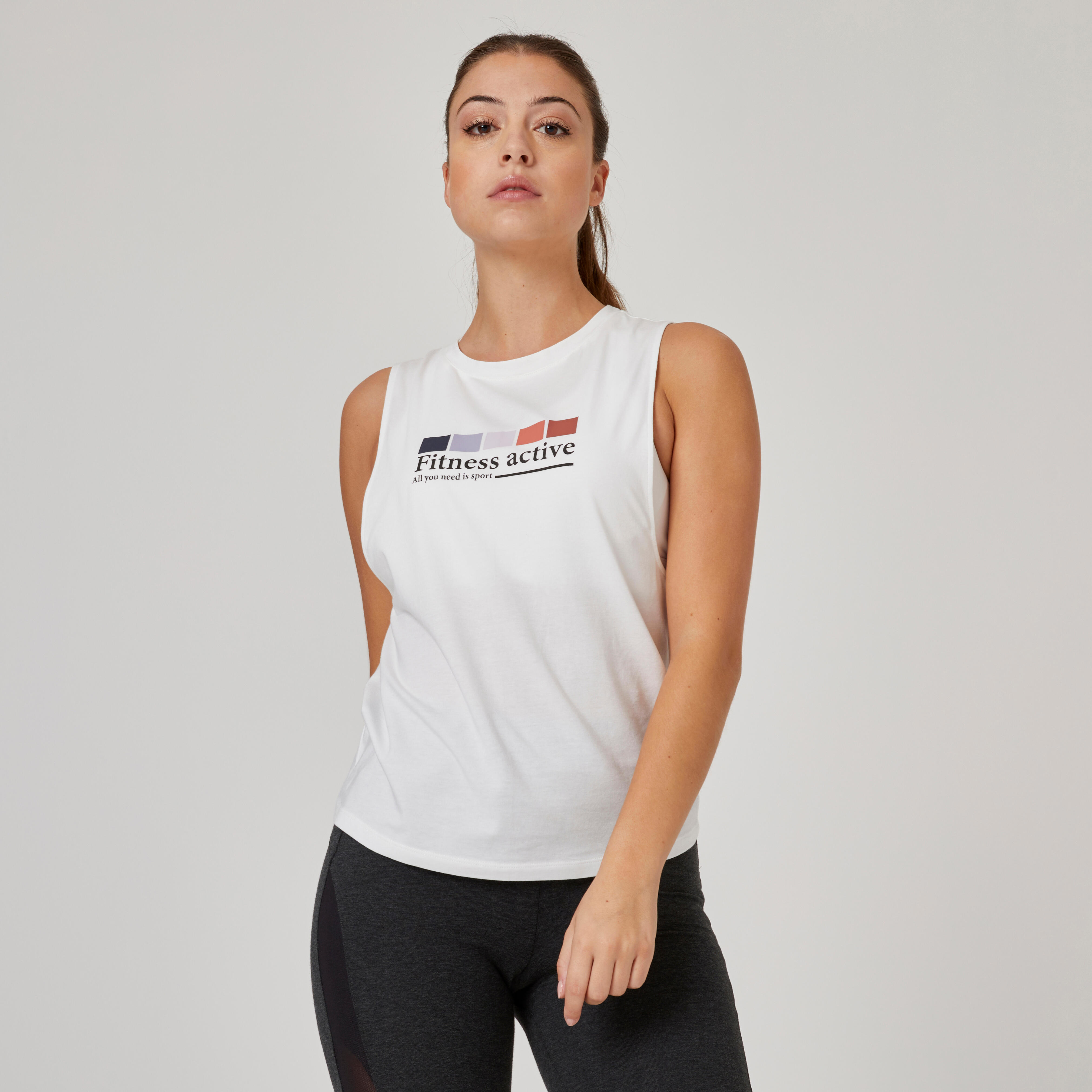 D bardeur Fitness femme col rond coton 500 Cosmeto blanc glacier