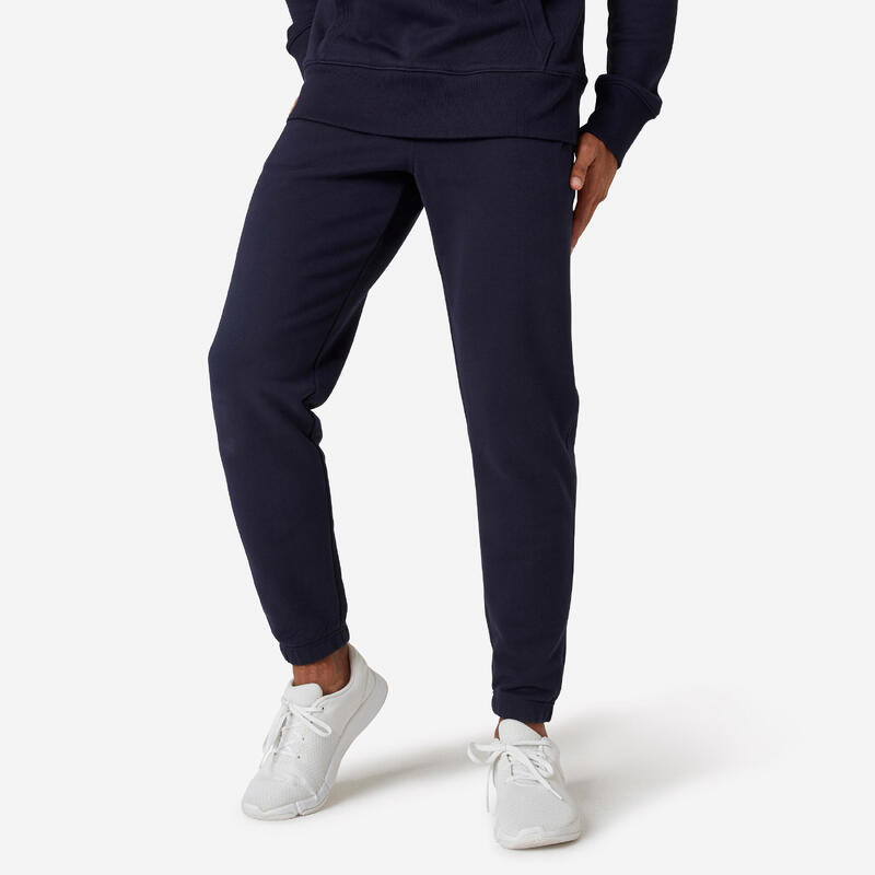 Pantalon jogging fitness homme coton majoritaire coupe droite - Essentials bleu