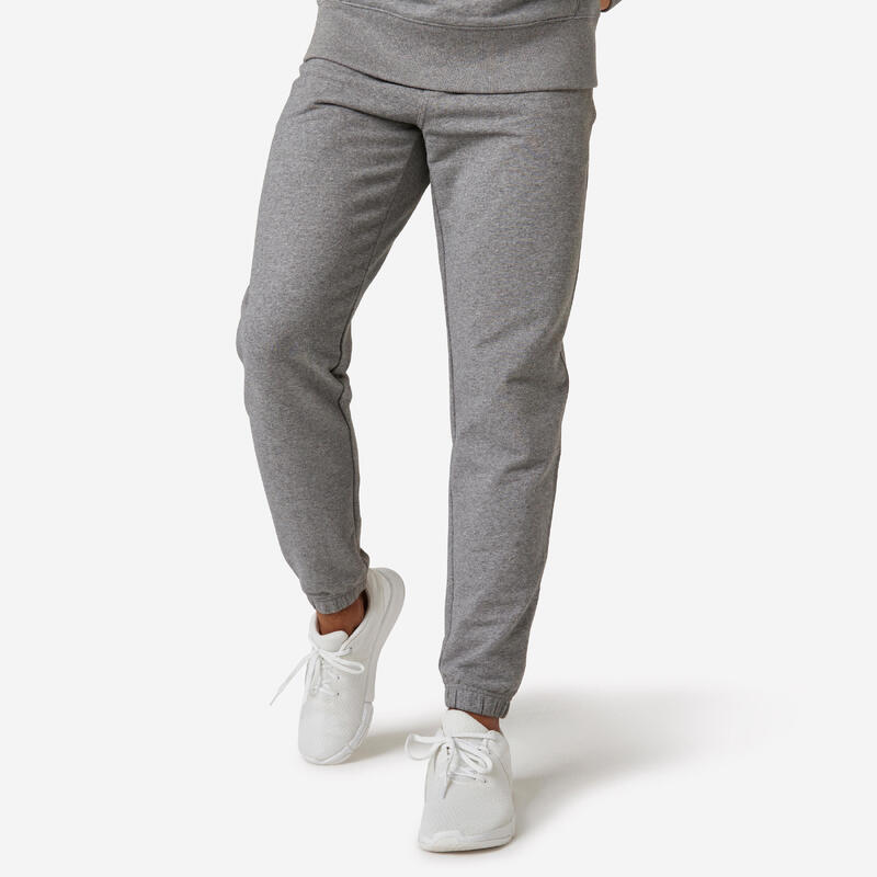 Pantalon jogging fitness homme coton majoritaire coupe droite - Essentials gris