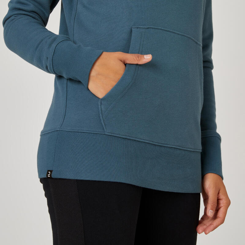 Sweatshirt com Capuz Fitness Mulher 500 Essential Azul Pato