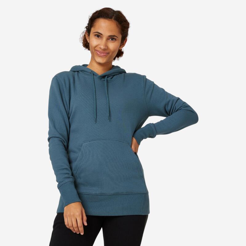 Sweat à capuche long fitness femme, bleu ardoise