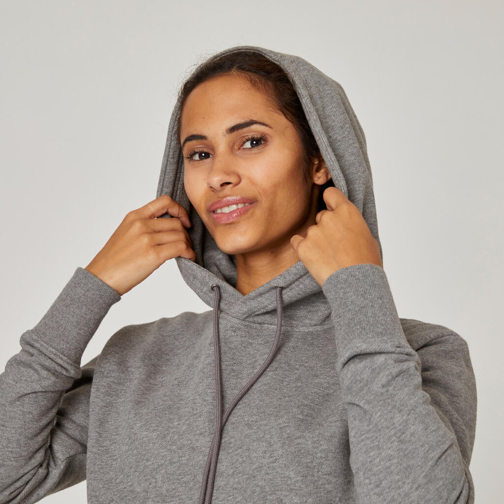 Sweat à capuche long fitness femme, gris