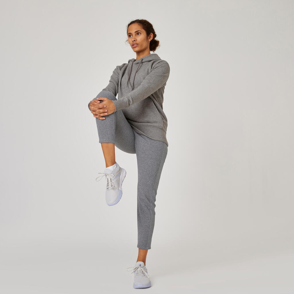 Sweat à capuche long fitness femme, gris