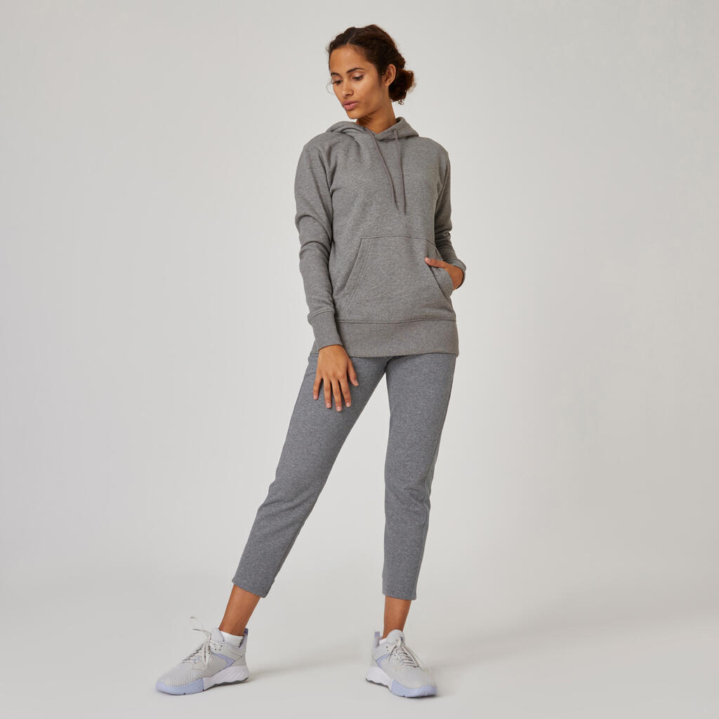 Sweat à capuche long fitness femme, gris