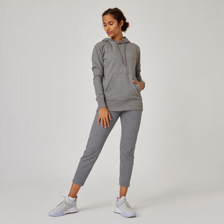 Sweat à capuche long fitness femme, gris