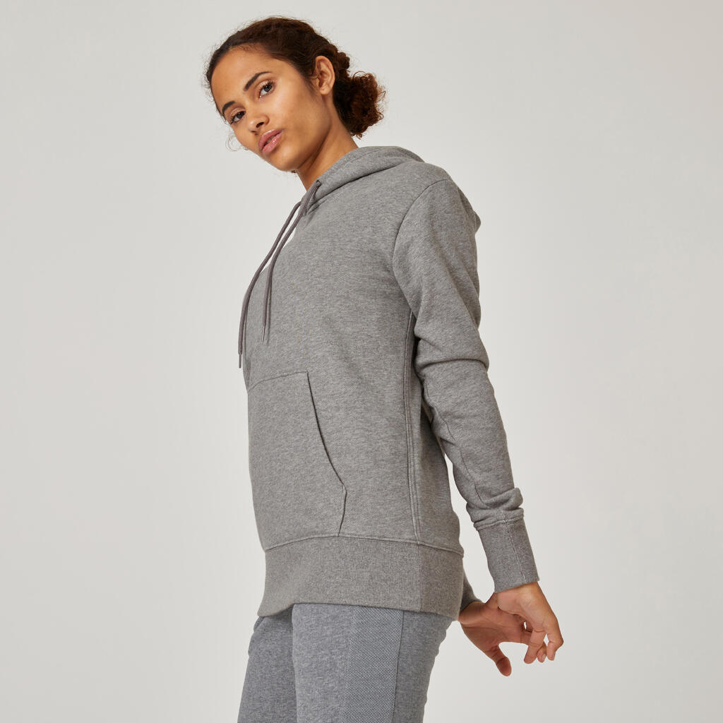 Sweat à capuche long fitness femme, gris