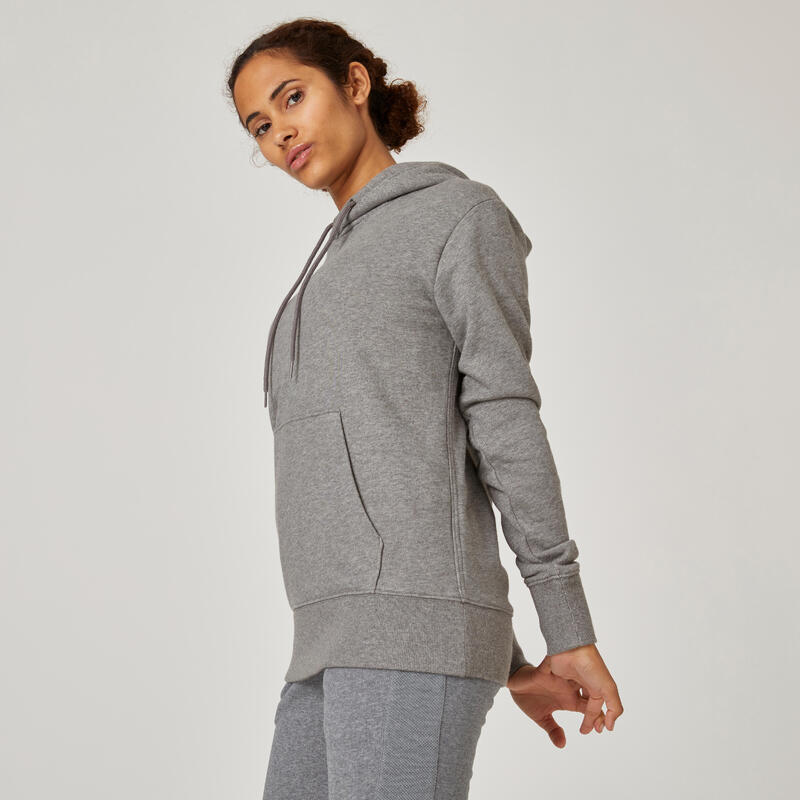 Sweat-shirt à capuche long col rond femme droit - 500 Essentials gris