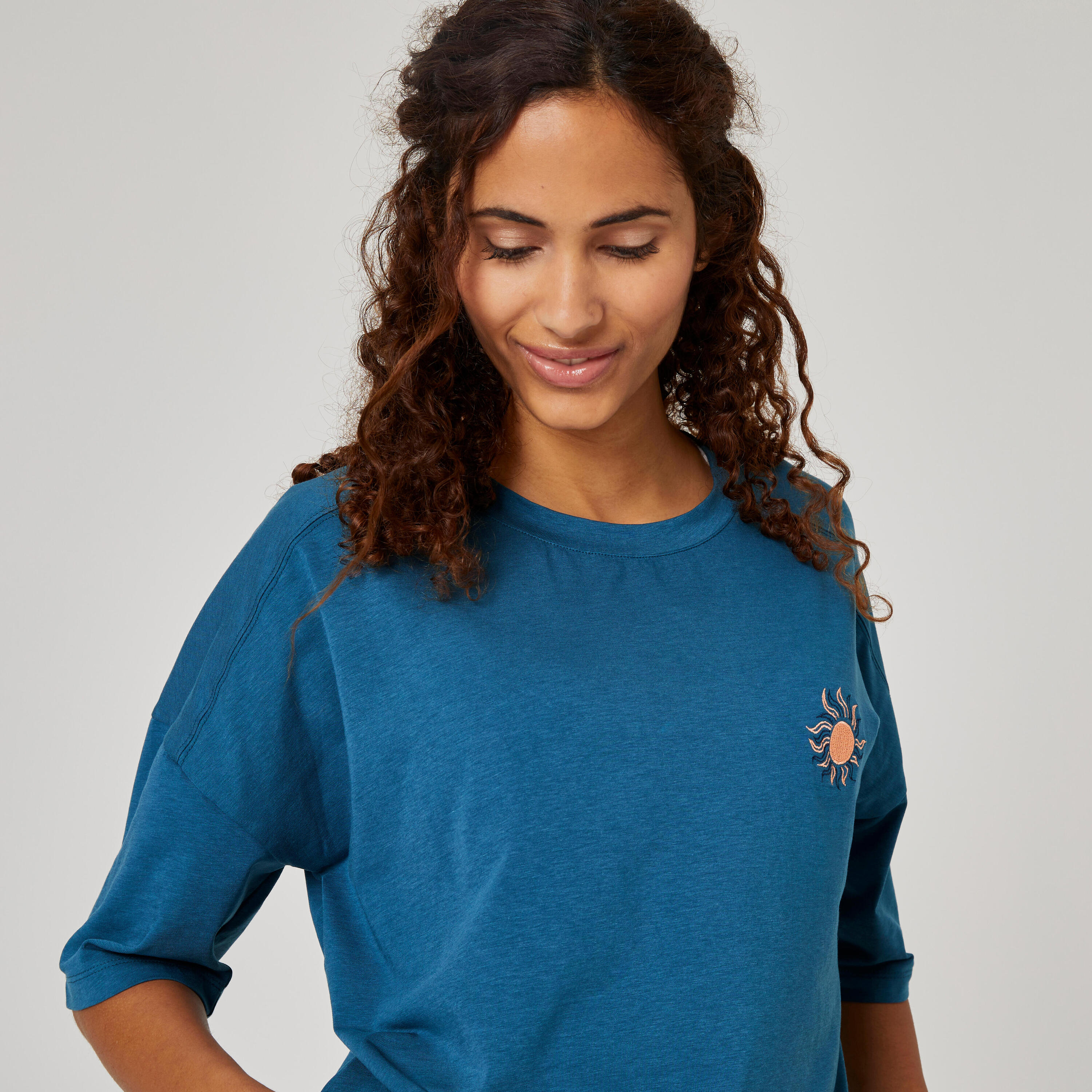 Women's Short-Sleeved Loose-Fit Majority Cotton Fitness T-Shirt 520 - Teal 4/6