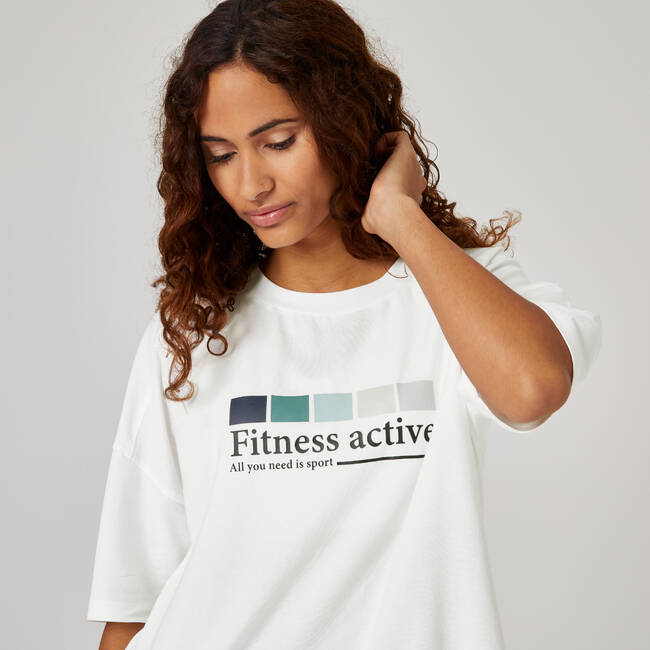Women's Gym Cotton Blend Loose Fit Printed Tshirt-White Print