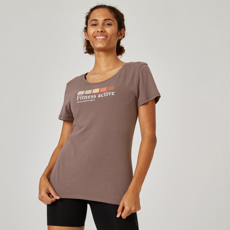 T-shirt fitness manches courtes col rond coton femme - 500 gris foncé
