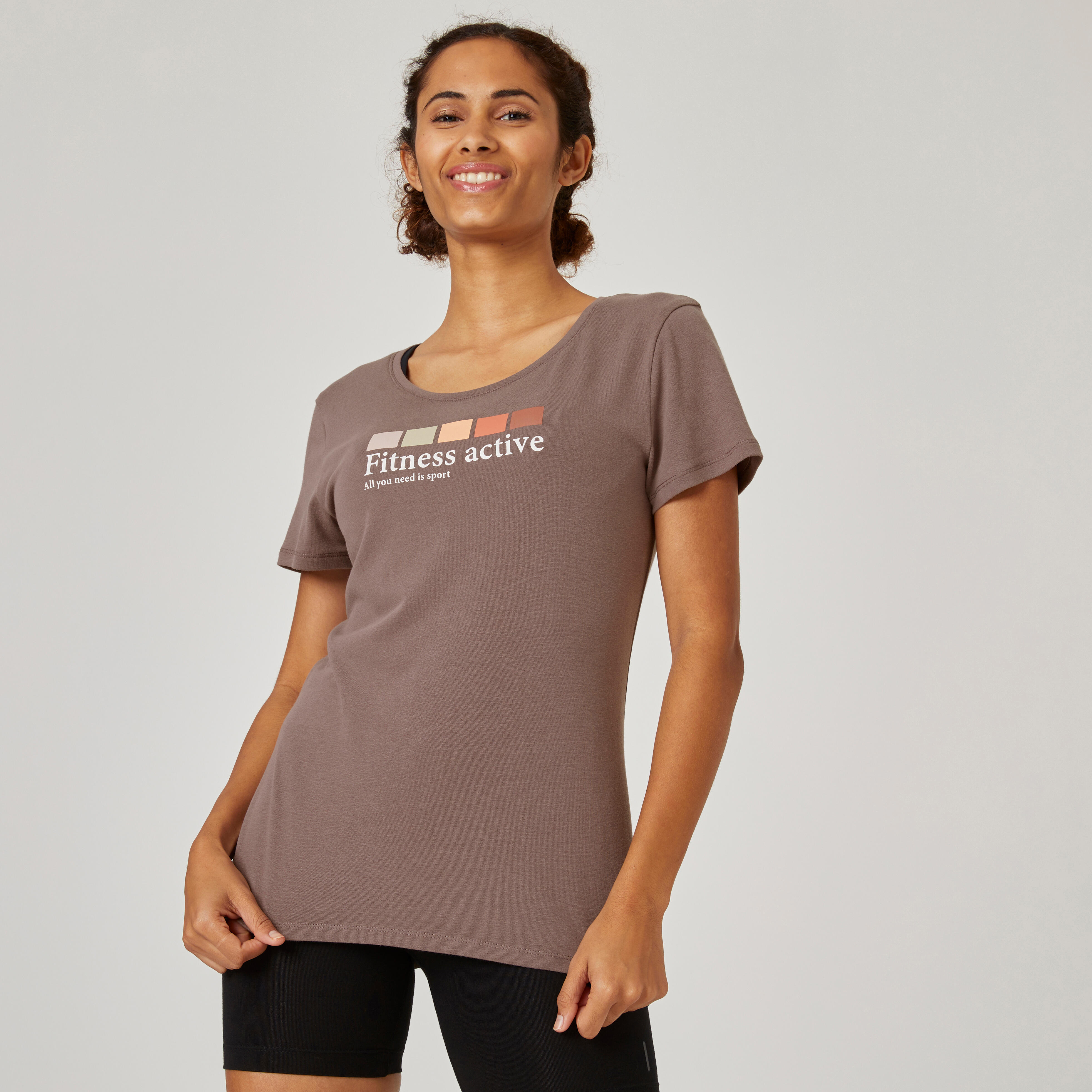T-shirt donna fitness 500 regular misto cotone grigia con stampa DOMYOS |  DECATHLON
