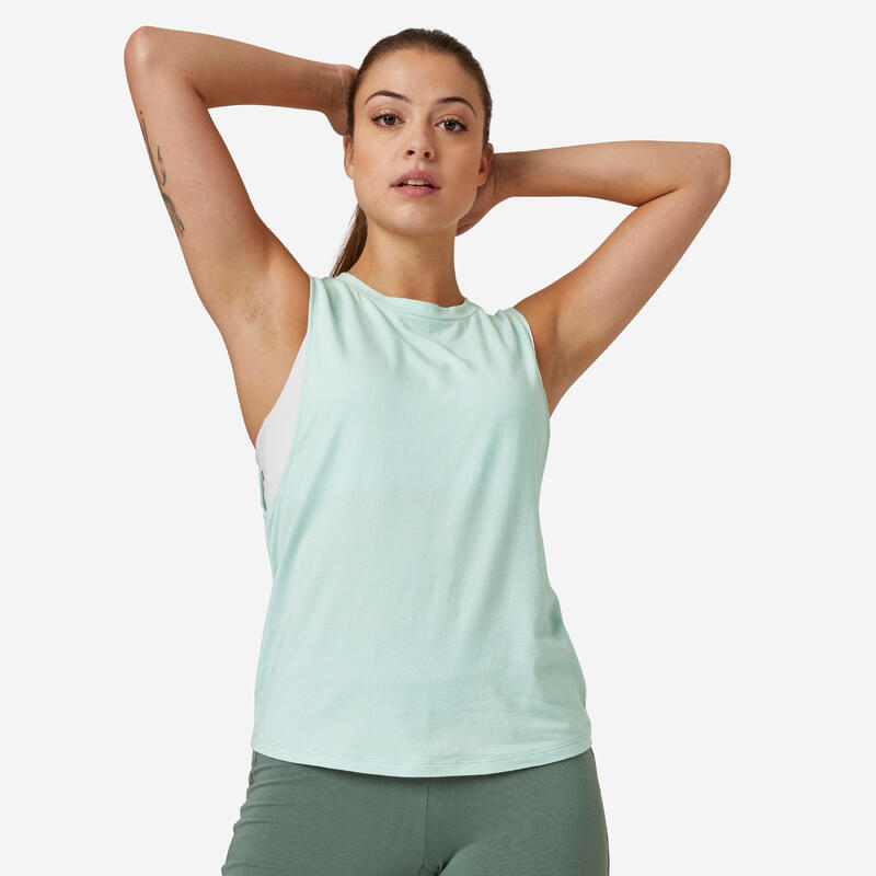 Camiseta fitness sin mangas tirantes sintética cuello redondo Mujer 500 verde