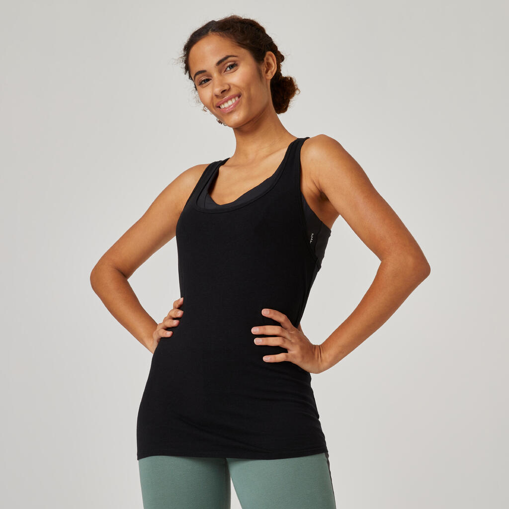 Women's Slim-Fit Racer Back Cotton Fitness Tank Top 500 - Black