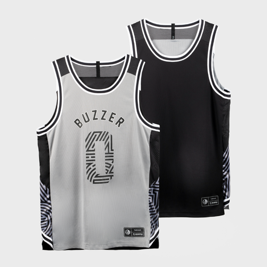 MAILLOT BASKETBALL SANS MANCHE REVERSIBLE HOMME/FEMME -  T500R GRIS NOIR BUZZER