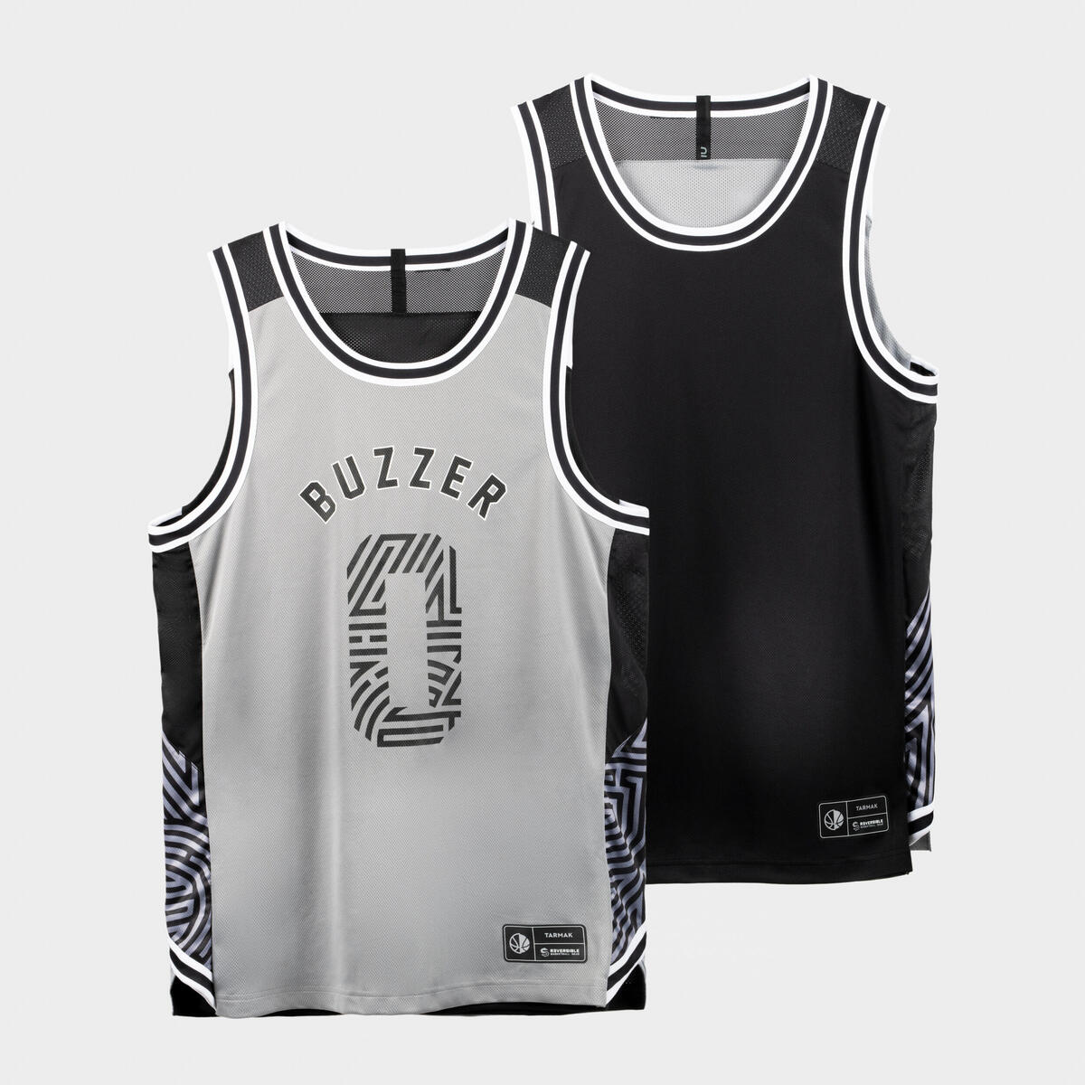 MAILLOT BASKETBALL SANS MANCHE REVERSIBLE HOMME/FEMME -  T500R GRIS NOIR BUZZER
