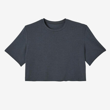 Футболка для фитнеса укороченная хлопковая с круглым вырезом женская темно-серая 520