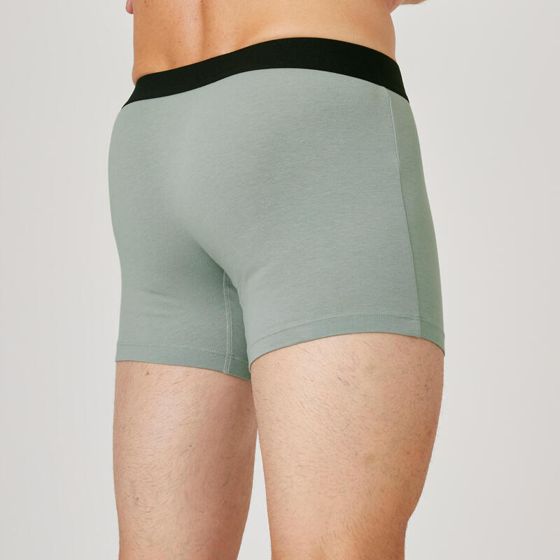 Boxer uomo fitness 500 misto cotone nero-grigio-verde militare x3