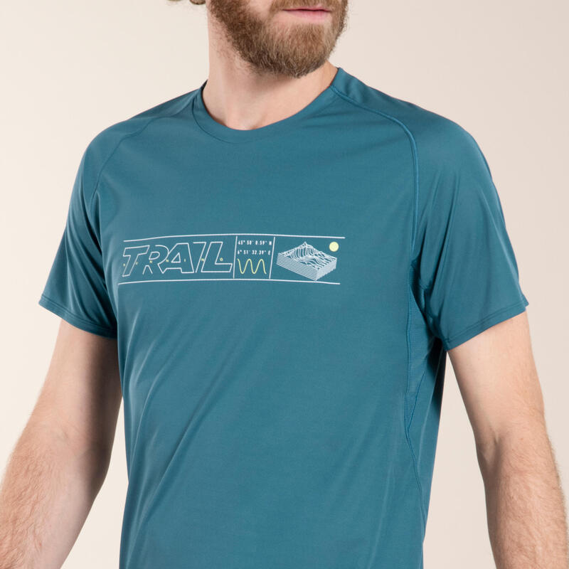 Trailshirt met korte mouwen voor heren turquoise met motief