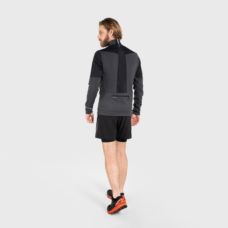 Bluză cu fermoar scurt Alergare Trail Running SOFTSHELL Negru-Gri Bărbați 