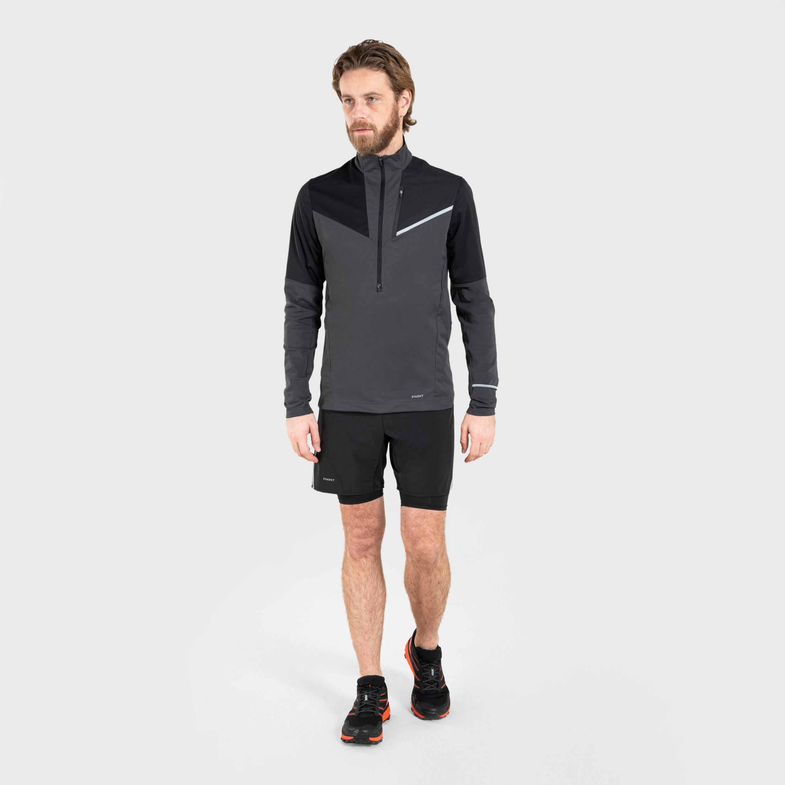 MAILLOT DE TRAIL RUNNING MANCHES LONGUES SOFTSHELL HOMME NOIR GRIS 7/8