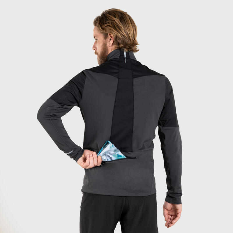 Bluză cu fermoar scurt Alergare Trail Running SOFTSHELL Negru-Gri Bărbați 