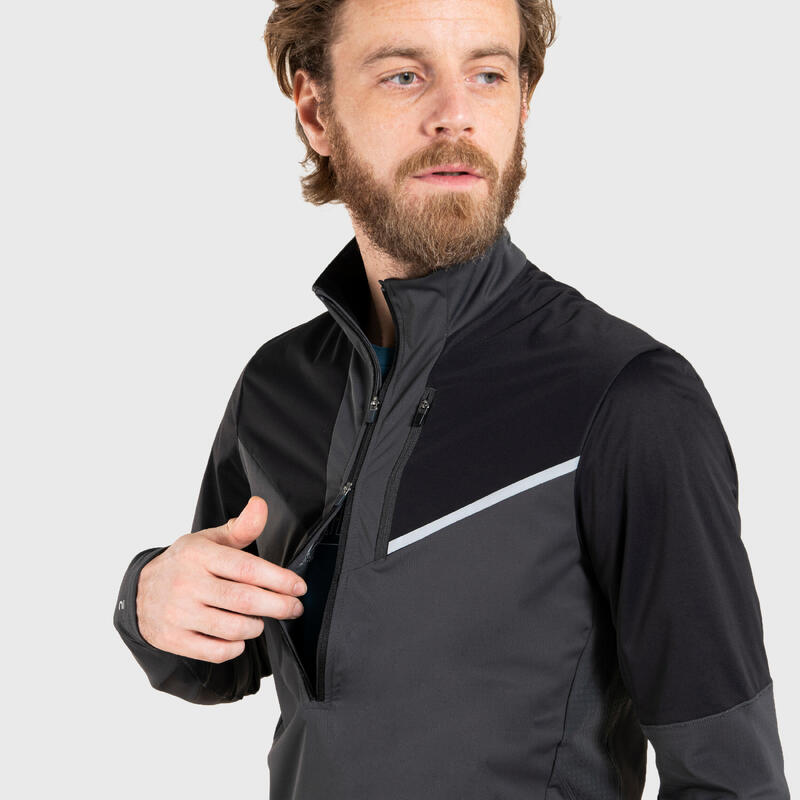 Bluză cu fermoar scurt Alergare Trail Running SOFTSHELL Negru-Gri Bărbați 