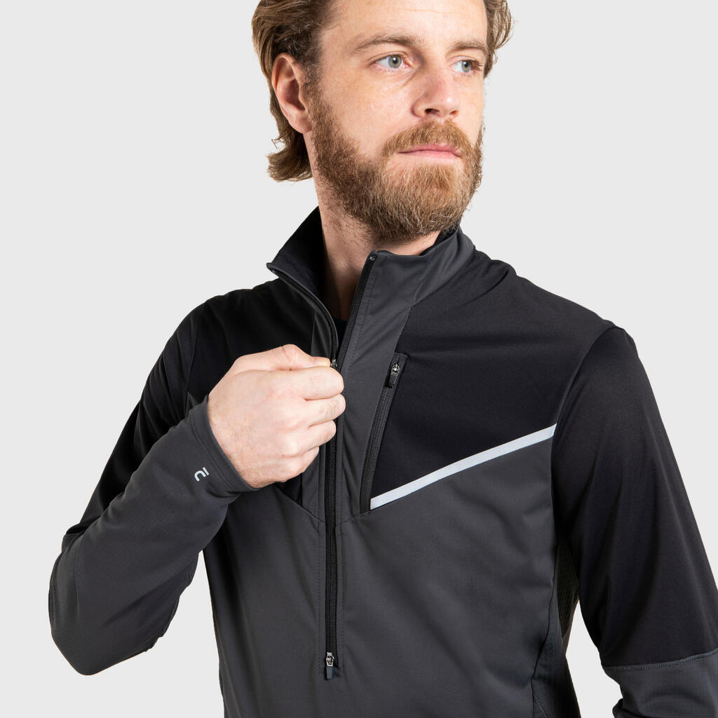 MEN'S TRAIL RUNNING LONG-SLEEVED SOFTSHELL JERSEY - BLACK/GREY