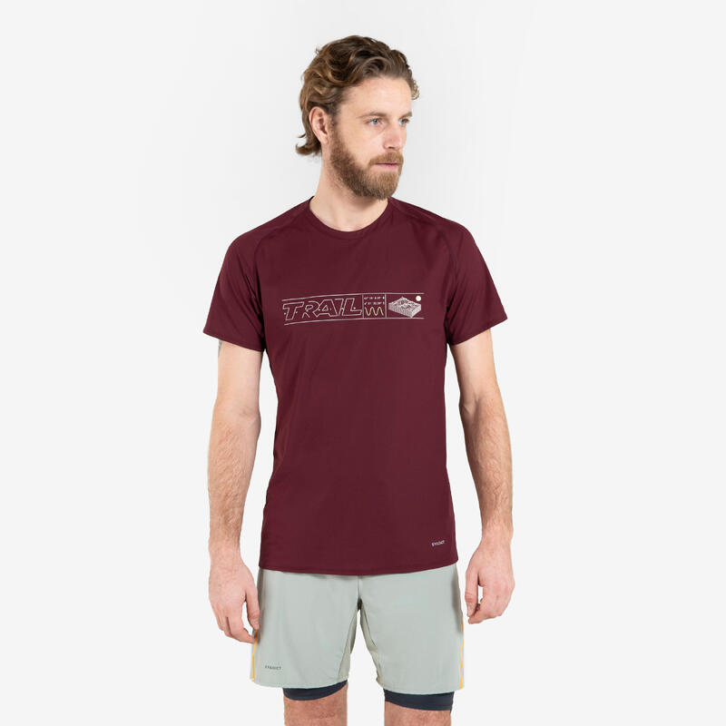 Laufshirt kurzarm Herren robust - KIPRUN Run 500 dunkelrot mit Grafikprint 