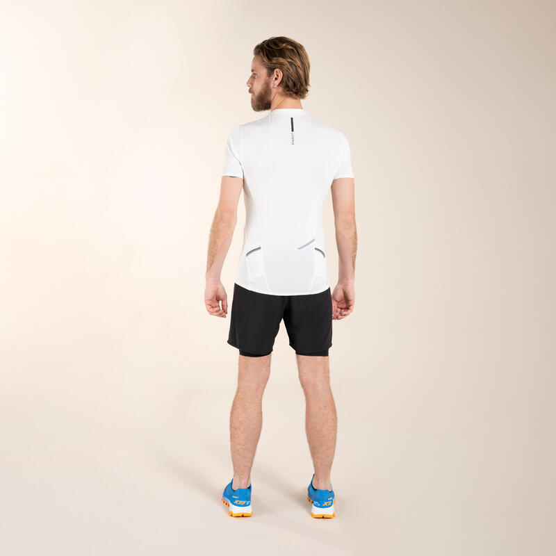 TEE SHIRT DE TRAIL RUNNING MANCHES COURTES ZIP HOMME BLANC