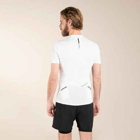 Camiseta Trail Running Hombre Blanco Manga Corta Cremallera