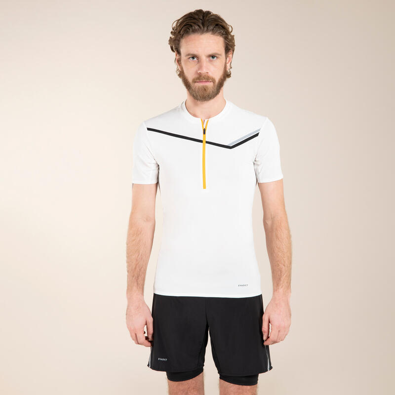 TEE SHIRT DE TRAIL RUNNING MANCHES COURTES ZIP HOMME BLANC