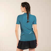 Camiseta Trail Running Mujer Azul Manga Corta Cremallera