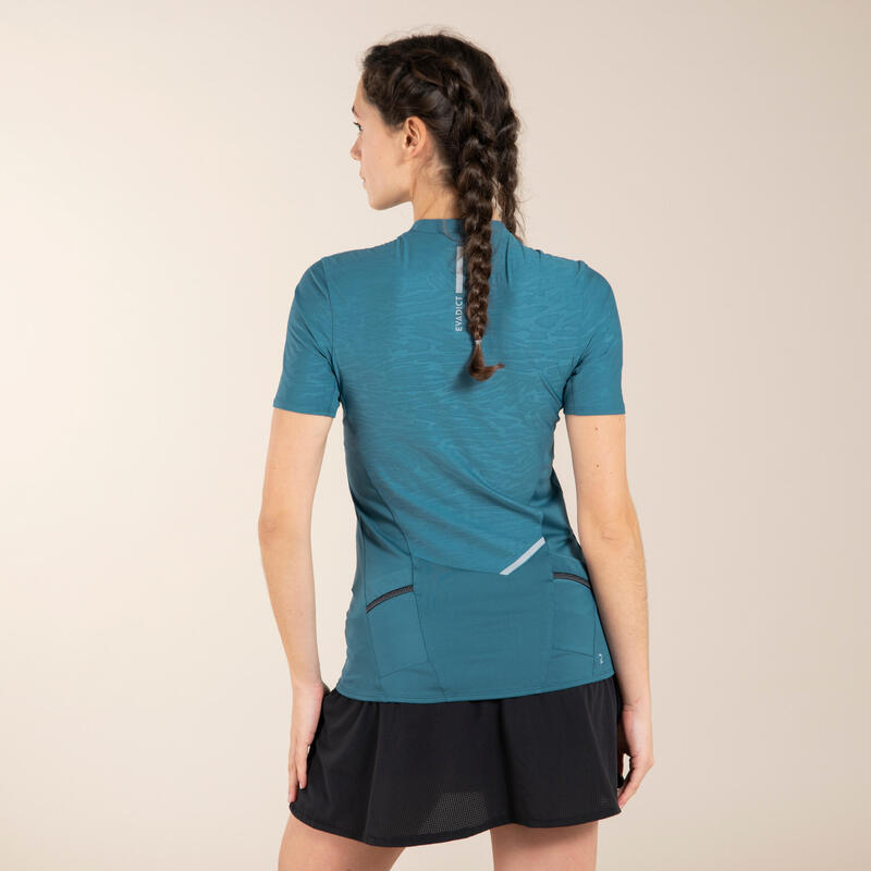 TEE SHIRT DE TRAIL RUNNING MANCHES COURTES ZIP FEMME BLEU