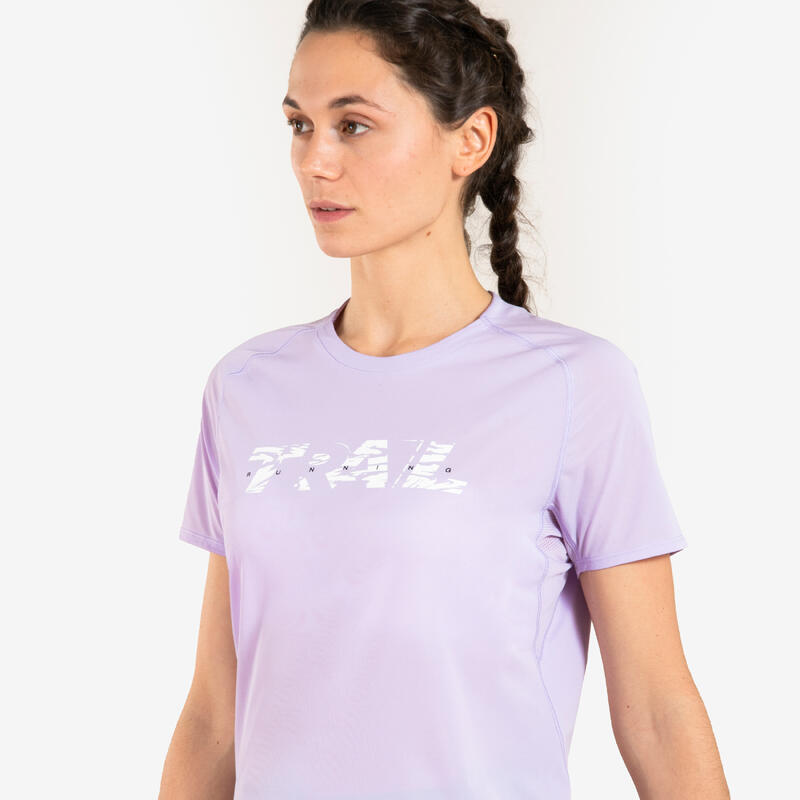 Laufshirt kurzarm Trailrunning Damen - lila mit Grafikprint