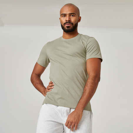 Men's Short-Sleeved Fitted-Cut Crew Neck Cotton Fitness T-Shirt 500 - Sage Grey