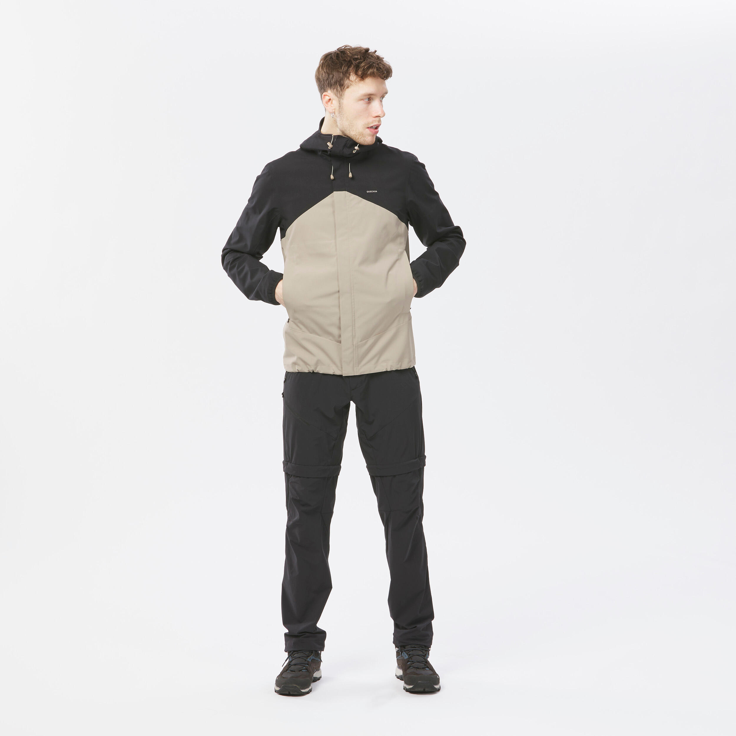 Men’s Hiking Waterproof Jacket - MH 150 Black/Beige - QUECHUA