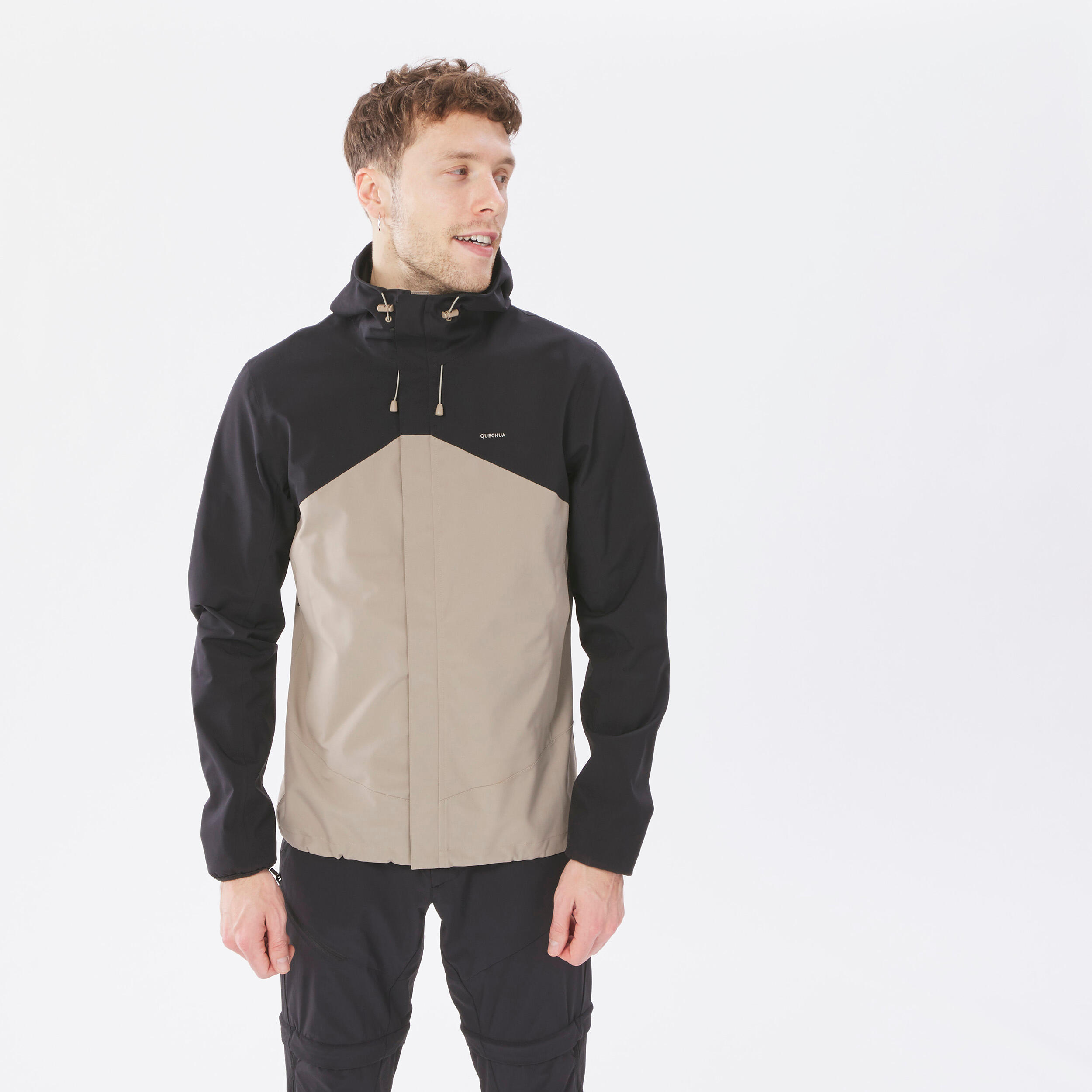 Men’s lightweight, waterproof hiking jacket MH100 - Beige / Black 2/14