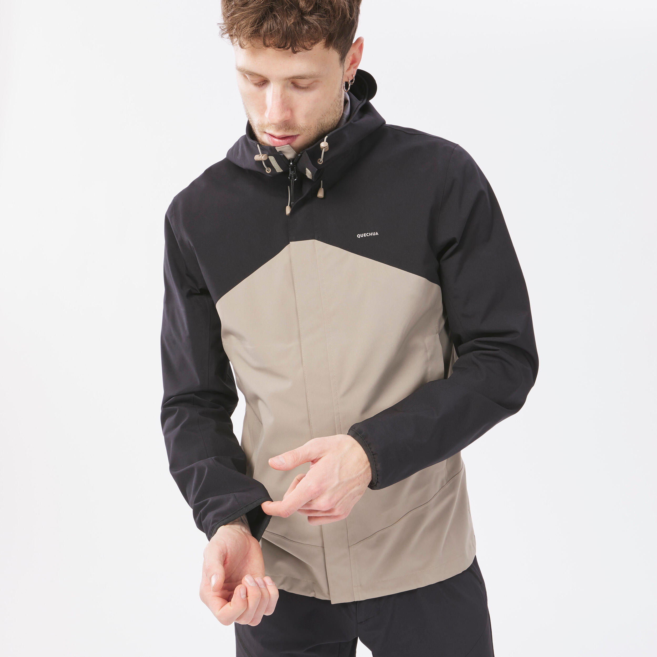Men’s Hiking Waterproof Jacket - MH 150 Black/Beige - QUECHUA