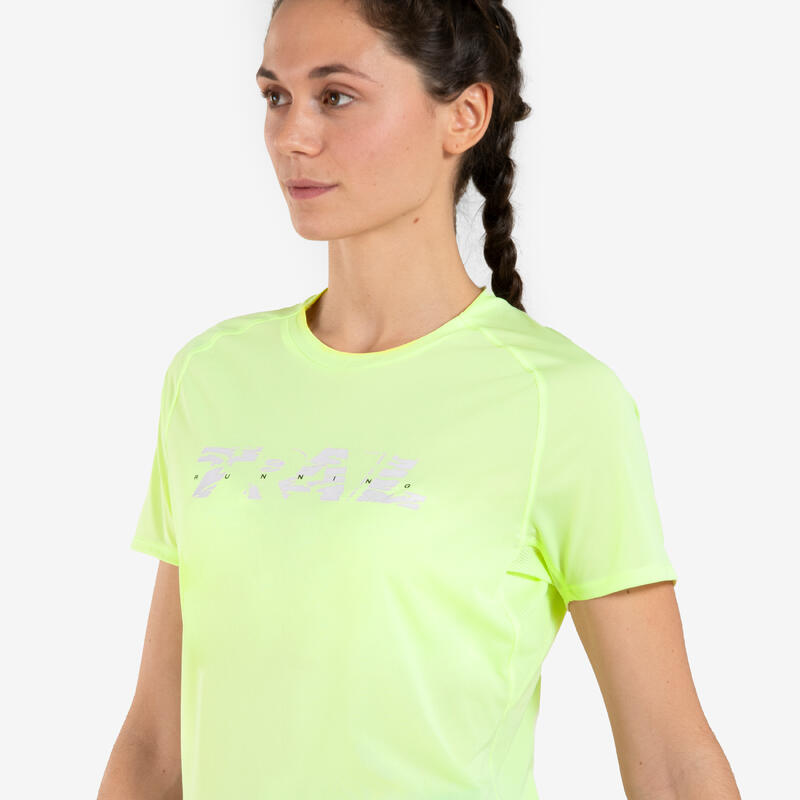 Laufshirt kurzarm Trailrunning Damen - hellgrün mit Grafikprint