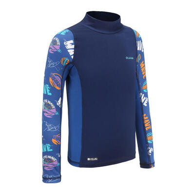 Uv-werende rashguard voor surfen jongens 500 lange mouwen blauw space