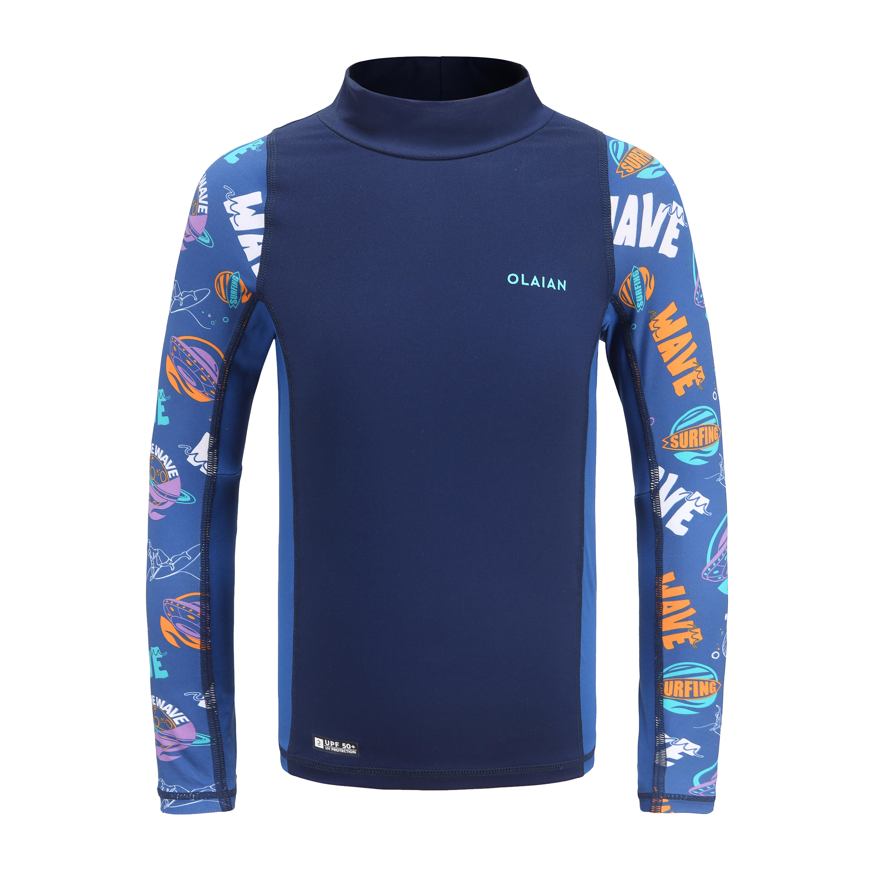 OLAIAN Chlapčenské UV tričko 500 s dlhým rukávom na surfovanie modré 4-5 r (103-112 cm) · záber 3