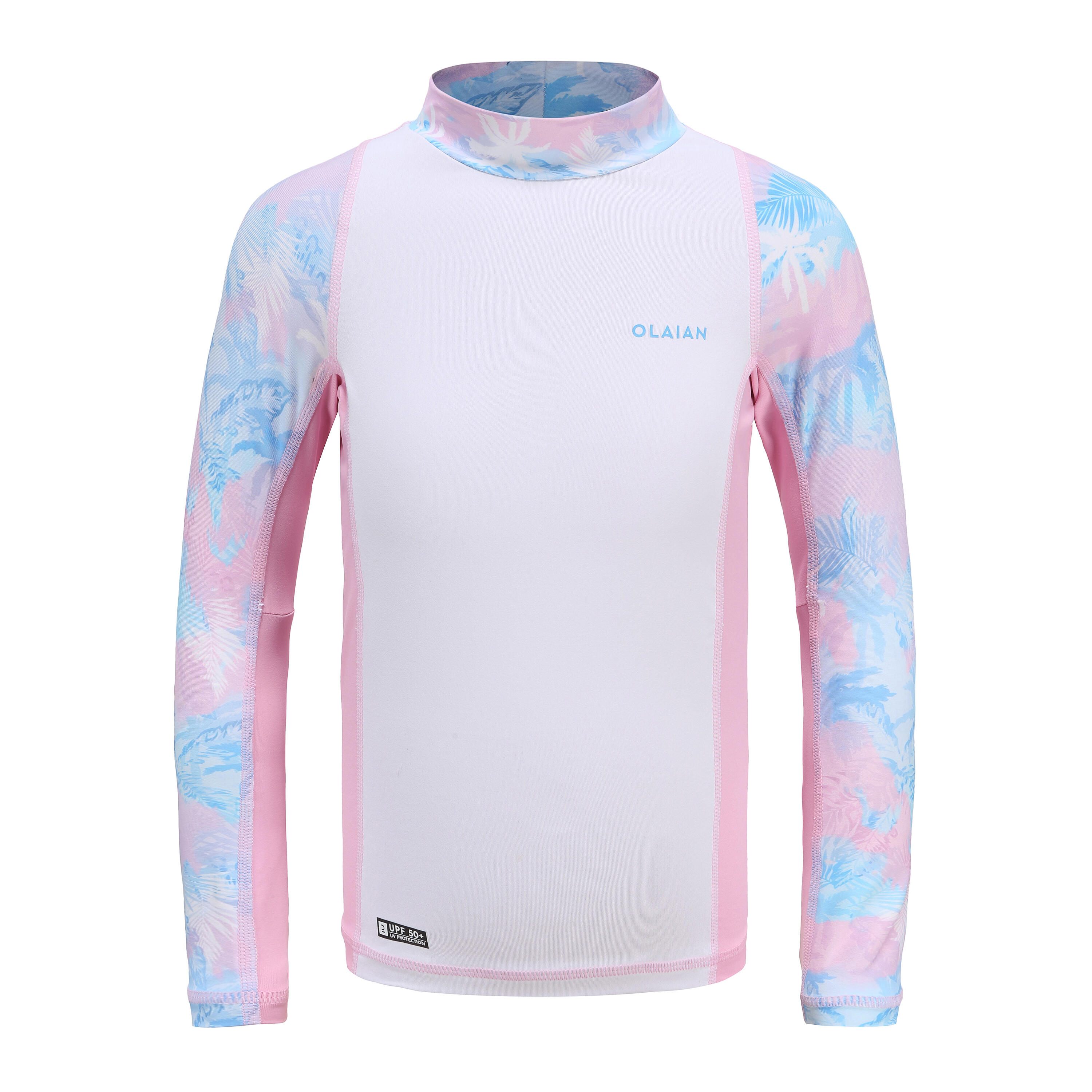 OLAIAN Maglia surf ragazza 500 PALM azzurra maniche lunghe