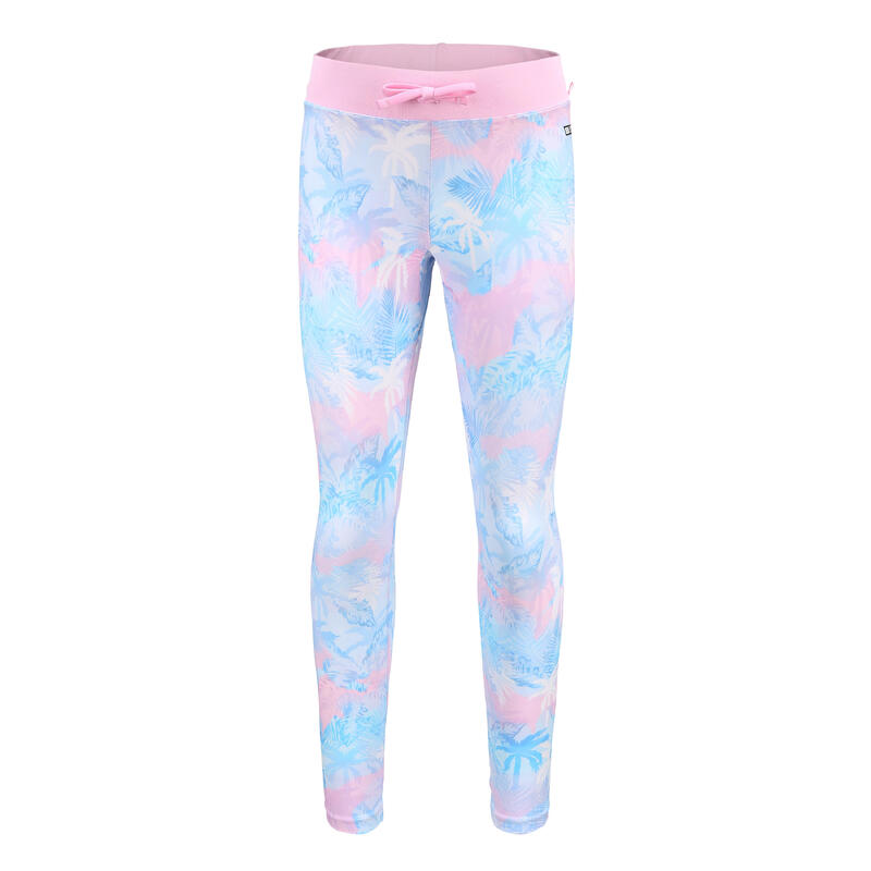 女童款抗UV防曬緊身褲500－棕櫚樹款／藍色／粉紅色